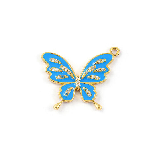 Изображение 1 Piece Brass Insect Charms 18K Gold Plated Blue Enamel Butterfly Animal Micro Pave Clear Cubic Zirconia 26mm x 22mm