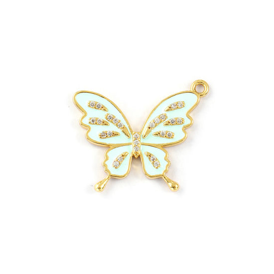 Изображение 1 Piece Brass Insect Charms 18K Gold Plated Mint Green Enamel Butterfly Animal Micro Pave Clear Cubic Zirconia 26mm x 22mm