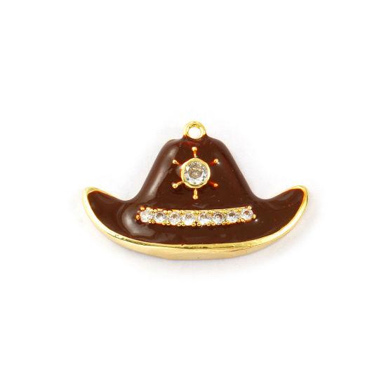 Изображение 1 Piece Brass Clothes Pendants 18K Gold Plated Coffee Enamel Bullfighter Hat Micro Pave Clear Cubic Zirconia 3.3cm x 2cm