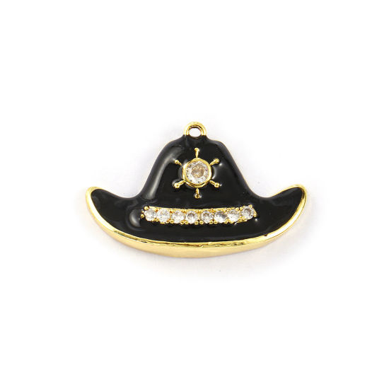 Изображение 1 Piece Brass Clothes Pendants 18K Gold Plated Black Enamel Bullfighter Hat Micro Pave Clear Cubic Zirconia 3.3cm x 2cm