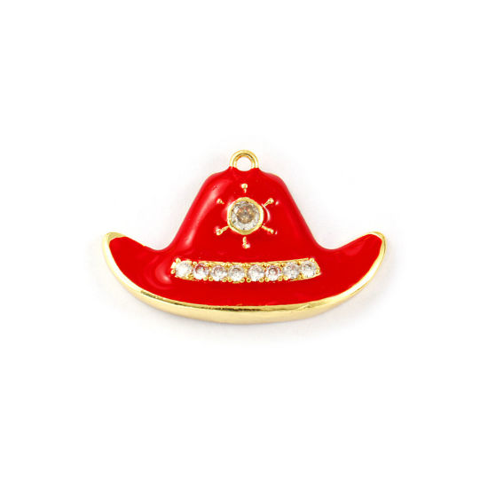 Изображение 1 Piece Brass Clothes Pendants 18K Gold Plated Red Enamel Bullfighter Hat Micro Pave Clear Cubic Zirconia 3.3cm x 2cm