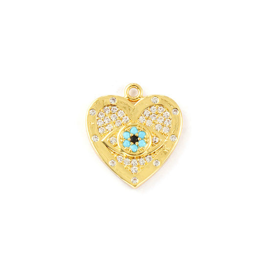 Immagine di 1 Piece Brass Valentine's Day Charms 18K Gold Plated Heart Evil Eye Micro Pave Clear Cubic Zirconia 20mm x 18mm