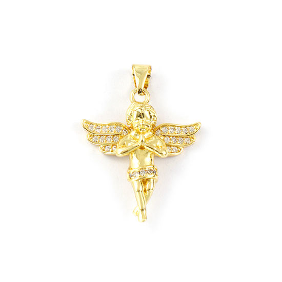 Immagine di 1 Piece Brass Religious Pendants 18K Gold Plated Angel 3D Clear Cubic Zirconia 3.2cm x 2.4cm