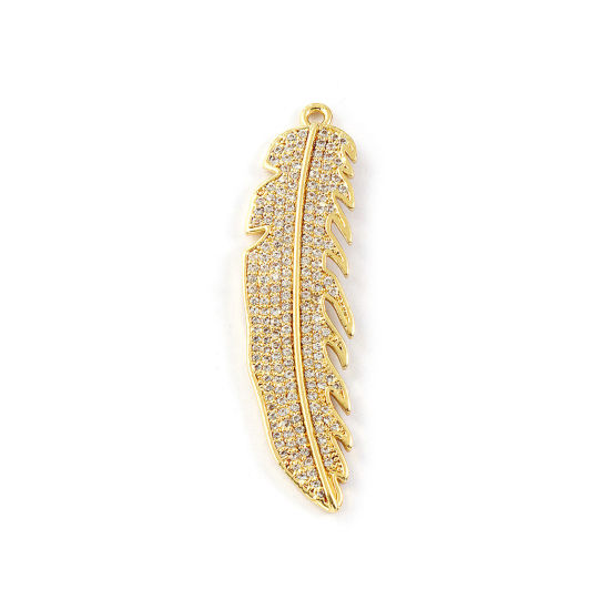 Immagine di 1 Piece Brass Pendants 18K Gold Plated Feather Micro Pave Clear Cubic Zirconia 5.1cm x 1.3cm