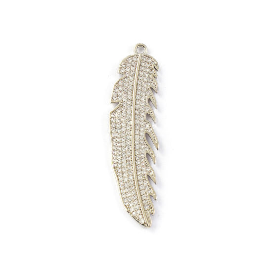 Immagine di 1 Piece Brass Pendants Platinum Plated Feather Micro Pave Clear Cubic Zirconia 5.1cm x 1.3cm
