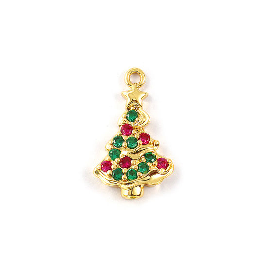 Изображение 2 PCs Brass Charms 18K Gold Plated Christmas Tree Micro Pave Fuchsia Cubic Zirconia 22mm x 13mm