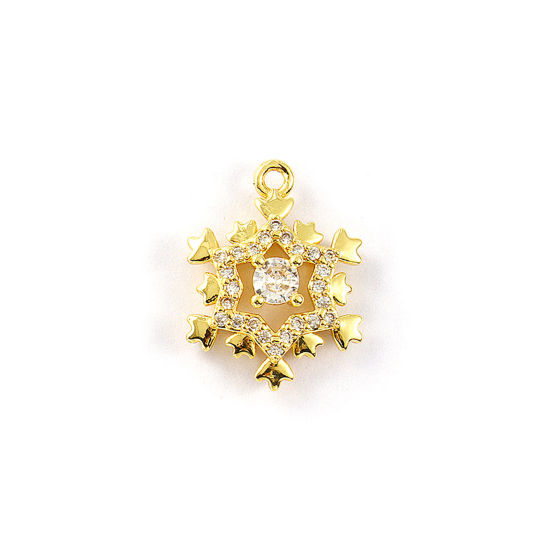 Изображение 2 PCs Brass Charms 18K Gold Plated Christmas Snowflake Micro Pave Clear Cubic Zirconia 18mm x 13.5mm