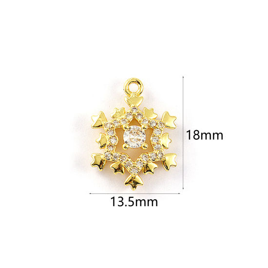 Изображение 2 PCs Brass Charms 18K Gold Plated Christmas Snowflake Micro Pave Clear Cubic Zirconia 18mm x 13.5mm