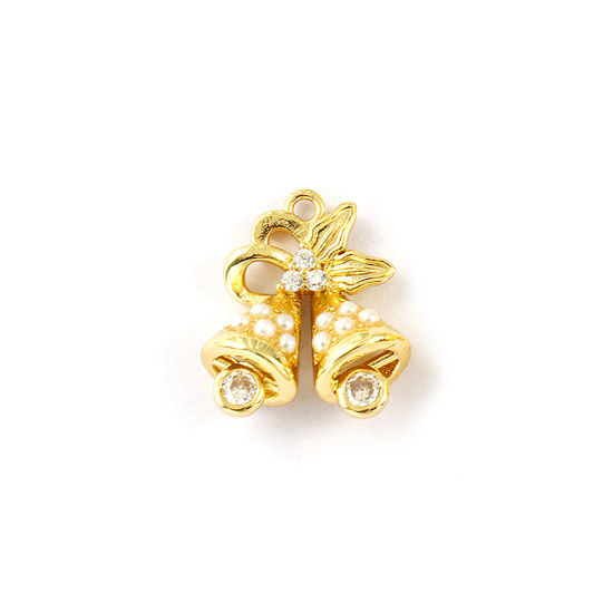 Изображение 2 PCs Brass Charms 18K Gold Plated White Christmas Jingle Bell Acrylic Imitation Pearl Clear Cubic Zirconia 16mm x 14mm