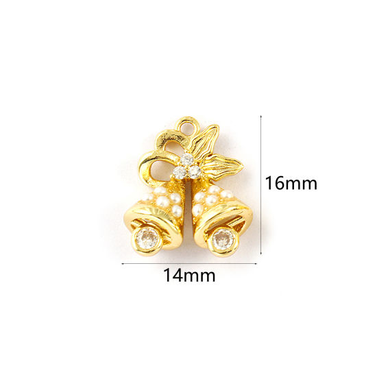 Изображение 2 PCs Brass Charms 18K Gold Plated White Christmas Jingle Bell Acrylic Imitation Pearl Clear Cubic Zirconia 16mm x 14mm