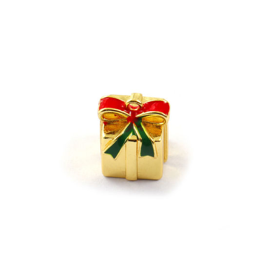 Изображение 2 PCs Brass Christmas Charms 18K Gold Plated Red Enamel Gift Box 3D 12.5mm x 10.5mm