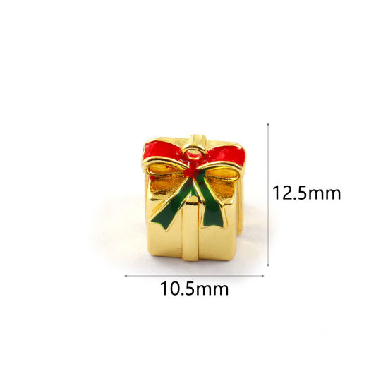 Изображение 2 PCs Brass Christmas Charms 18K Gold Plated Red Enamel Gift Box 3D 12.5mm x 10.5mm