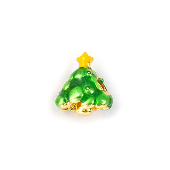 Изображение 2 PCs Brass Beads For DIY Jewelry Making 18K Gold Plated Green Enamel Christmas Tree 3D 15mm x 13mm