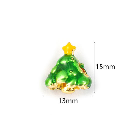 Изображение 2 PCs Brass Beads For DIY Jewelry Making 18K Gold Plated Green Enamel Christmas Tree 3D 15mm x 13mm