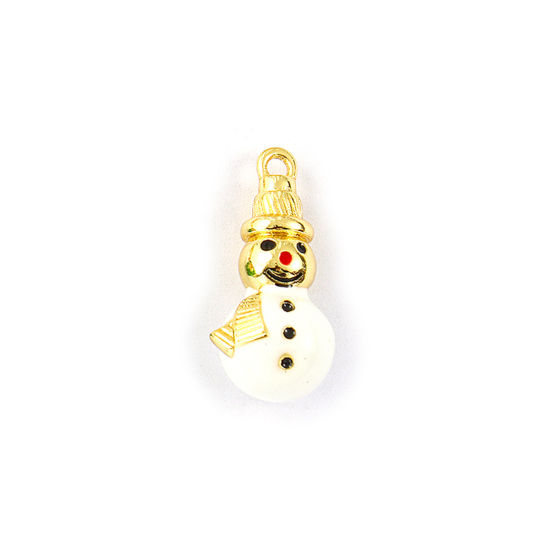 Изображение 2 PCs Brass Charms 18K Gold Plated White Enamel Christmas Snowman 3D 18mm x 9mm