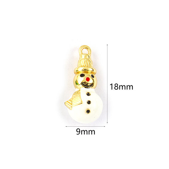 Изображение 2 PCs Brass Charms 18K Gold Plated White Enamel Christmas Snowman 3D 18mm x 9mm