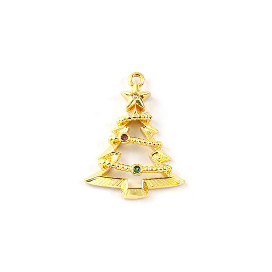 Изображение 2 PCs Brass Charms 18K Gold Plated Christmas Tree Micro Pave Green Cubic Zirconia 22mm x 17mm