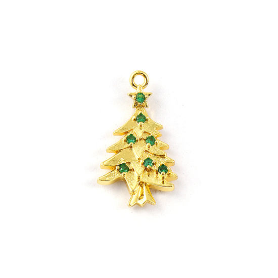 Изображение 2 PCs Brass Charms 18K Gold Plated Christmas Tree Micro Pave Green Cubic Zirconia 21mm x 12mm