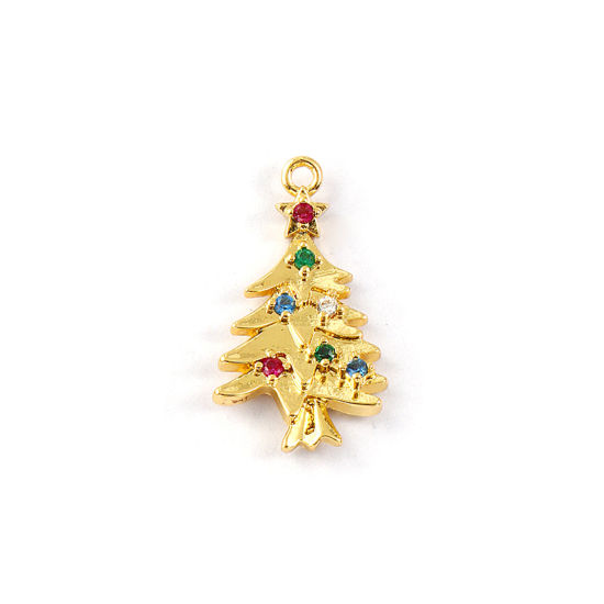 Изображение 2 PCs Brass Charms 18K Gold Plated Christmas Tree Micro Pave Multicolour Cubic Zirconia 21mm x 12mm