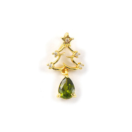 Изображение 2 PCs Brass Charms 18K Gold Plated Christmas Tree Micro Pave Olive Green Cubic Zirconia 21mm x 11mm