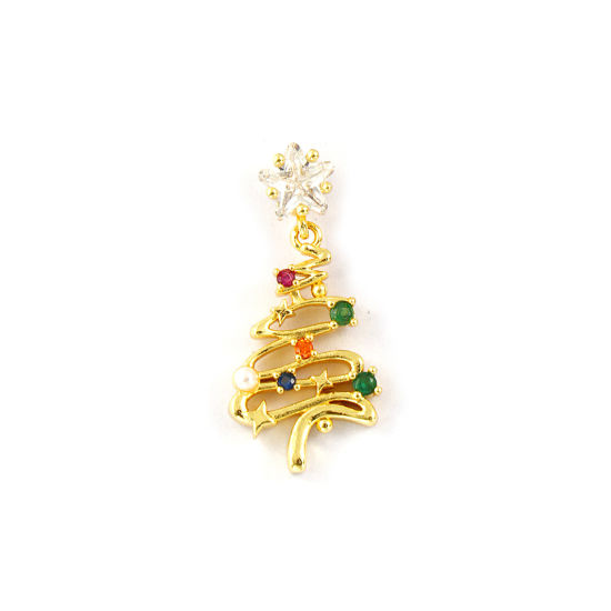 Изображение 2 PCs Brass Charms 18K Gold Plated White Christmas Tree Acrylic Imitation Pearl Multicolour Cubic Zirconia 27mm x 12mm
