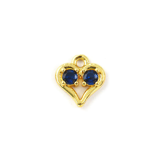 Изображение 2 PCs Brass Valentine's Day Charms 18K Gold Plated Heart Hollow Deep Blue Cubic Zirconia 11mm x 10mm