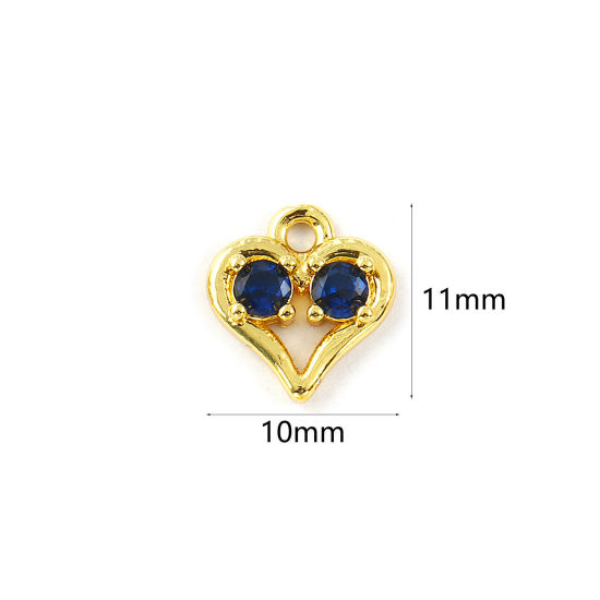 Изображение 2 PCs Brass Valentine's Day Charms 18K Gold Plated Heart Hollow Deep Blue Cubic Zirconia 11mm x 10mm