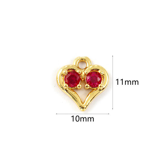 Изображение 2 PCs Brass Valentine's Day Charms 18K Gold Plated Heart Hollow Fuchsia Cubic Zirconia 11mm x 10mm