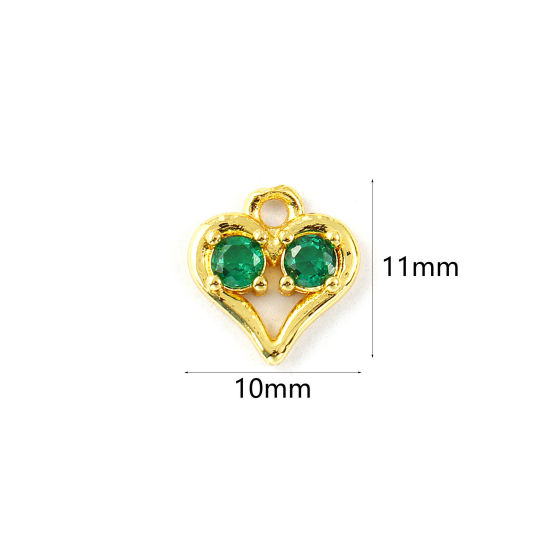 Изображение 2 PCs Brass Valentine's Day Charms 18K Gold Plated Heart Hollow Green Cubic Zirconia 11mm x 10mm