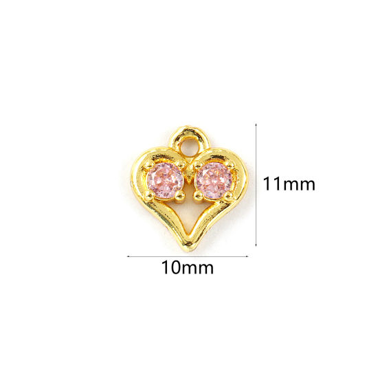 Изображение 2 PCs Brass Valentine's Day Charms 18K Gold Plated Heart Hollow Pink Cubic Zirconia 11mm x 10mm