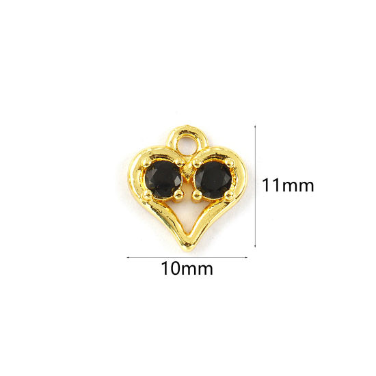 Изображение 2 PCs Brass Valentine's Day Charms 18K Gold Plated Heart Hollow Black Cubic Zirconia 11mm x 10mm