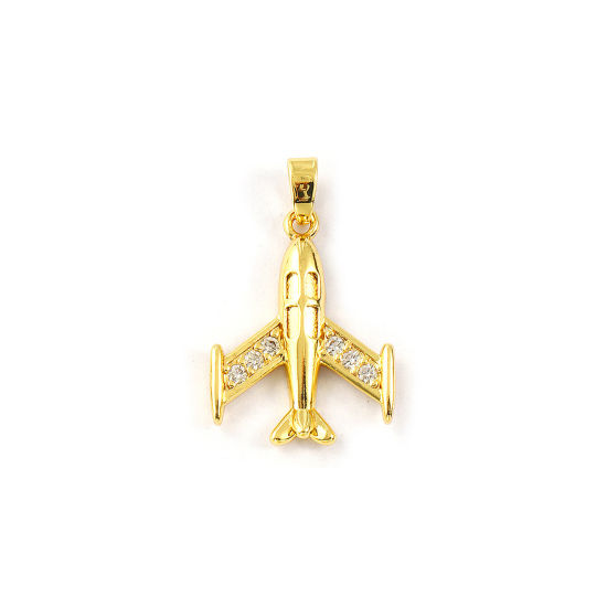 Изображение 2 PCs Eco-friendly Brass Transport Charm Pendant 18K Real Gold Plated Airplane Micro Pave Clear Cubic Zirconia 26mm x 16mm
