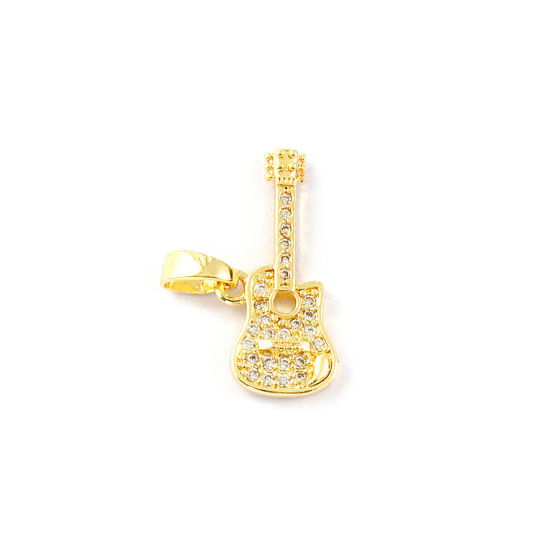 Immagine di 2 PCs Eco-friendly Brass Music Charm Pendant 18K Real Gold Plated Guitar Musical Instrument Micro Pave Clear Cubic Zirconia 20mm x 14mm