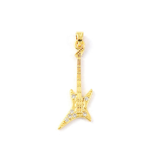 Immagine di 2 PCs Eco-friendly Brass Music Pendants 18K Real Gold Plated Guitar Musical Instrument Micro Pave Clear Cubic Zirconia 3.6cm x 1.1cm