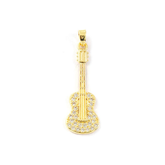 Immagine di 2 PCs Eco-friendly Brass Music Pendants 18K Real Gold Plated Guitar Musical Instrument Micro Pave Clear Cubic Zirconia 3.8cm x 1.2cm
