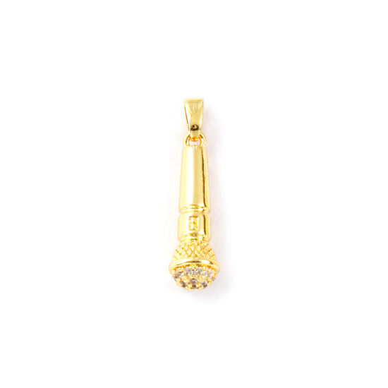 Immagine di 2 PCs Eco-friendly Brass Music Charm Pendant 18K Real Gold Plated Microphone Micro Pave Clear Cubic Zirconia 27mm x 7mm