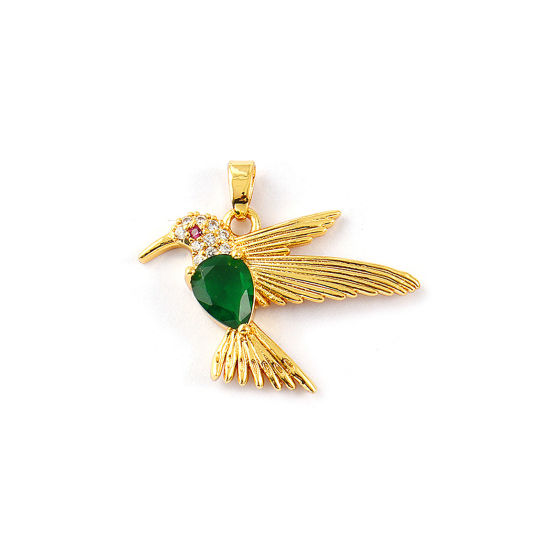 2 PCs Eco-friendly Brass Charm Pendant 18K Real Gold Plated Hummingbird Micro Pave Green Rhinestone Fuchsia Cubic Zirconia 27mm x 25mm の画像