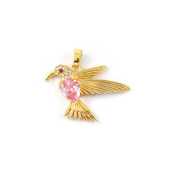 2 PCs Eco-friendly Brass Charm Pendant 18K Real Gold Plated Hummingbird Micro Pave Pink Rhinestone Fuchsia Cubic Zirconia 27mm x 25mm の画像