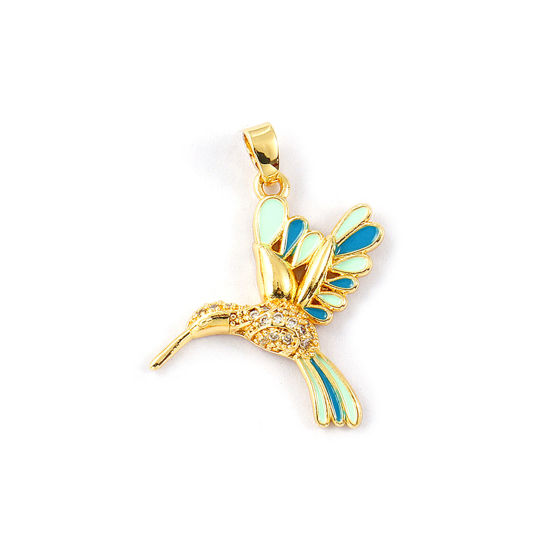 2 PCs Eco-friendly Brass Pendants 18K Real Gold Plated Multicolor Enamel Hummingbird Micro Pave Clear Cubic Zirconia 3cm x 2.5cm の画像