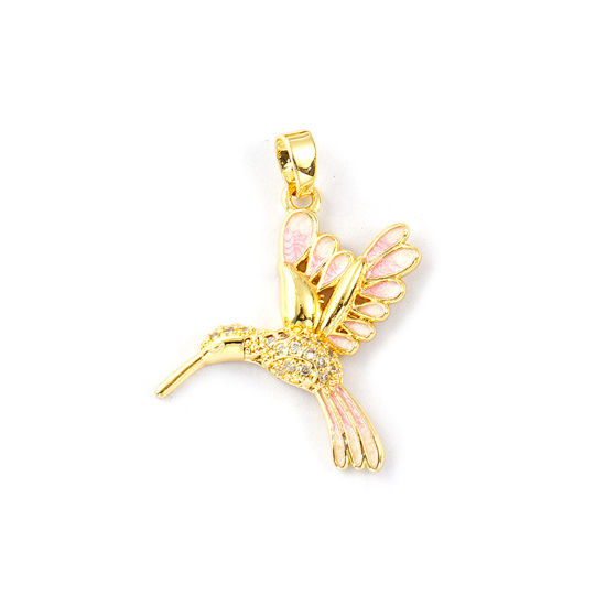 2 PCs Eco-friendly Brass Pendants 18K Real Gold Plated Pink Enamel Hummingbird Micro Pave Clear Cubic Zirconia 3cm x 2.5cm の画像