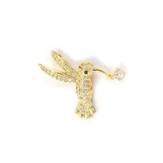 2 PCs Eco-friendly Brass Charms 18K Real Gold Plated Hummingbird Micro Pave Clear Cubic Zirconia 24mm x 17mm の画像