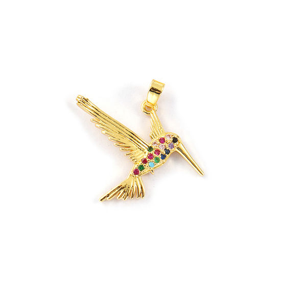 2 PCs Eco-friendly Brass Charm Pendant 18K Real Gold Plated Hummingbird Micro Pave Multicolour Cubic Zirconia 27mm x 25mm の画像