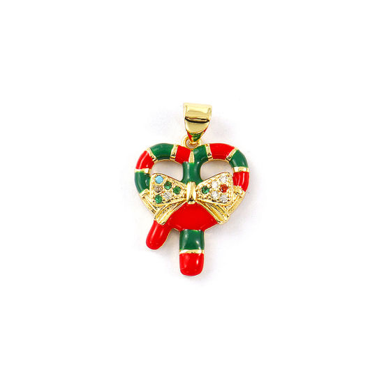 Immagine di 2 PCs Brass Charm Pendant 18K Gold Plated Red Enamel Christmas Candy Cane Micro Pave Multicolour Cubic Zirconia 25mm x 16mm