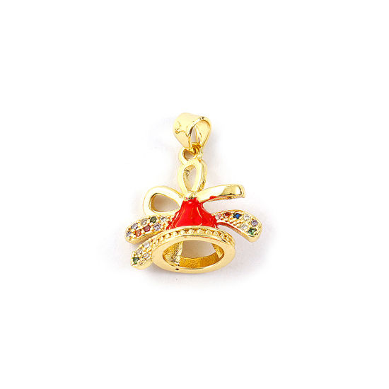 Immagine di 2 PCs Brass Charm Pendant 18K Gold Plated Red Enamel Christmas Jingle Bell 3D Multicolour Cubic Zirconia 23mm x 20mm