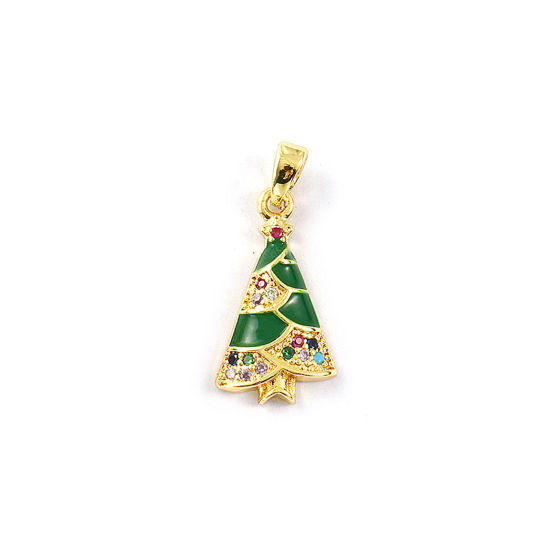 Immagine di 2 PCs Brass Charm Pendant 18K Gold Plated Green Enamel Christmas Tree Micro Pave Multicolour Cubic Zirconia 24mm x 11mm