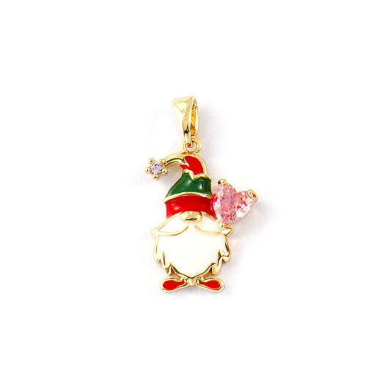 Immagine di 2 PCs Brass Charm Pendant 18K Gold Plated Red Enamel Christmas Santa Claus Clear Rhinestone 25mm x 14mm