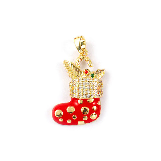 Immagine di 2 PCs Brass Pendants 18K Gold Plated Red Enamel Christmas Stocking Micro Pave Clear Cubic Zirconia 3.1cm x 1.8cm