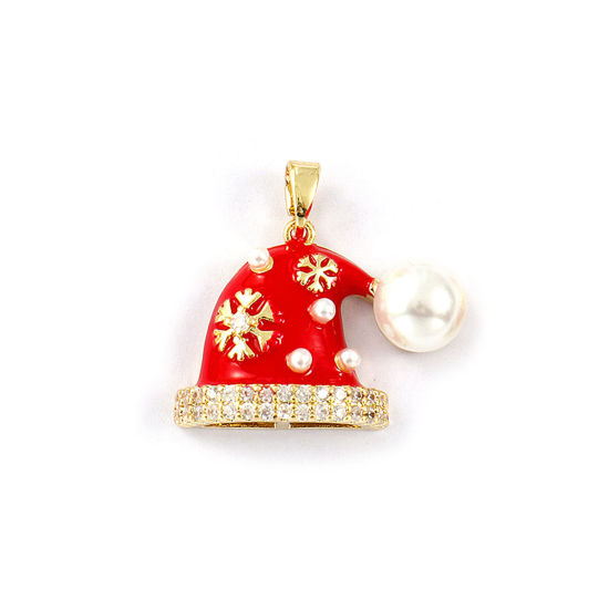 Immagine di 2 PCs Brass Charm Pendant 18K Gold Plated Red Enamel Christmas Hats Acrylic Imitation Pearl Clear Cubic Zirconia 24mm x 23mm