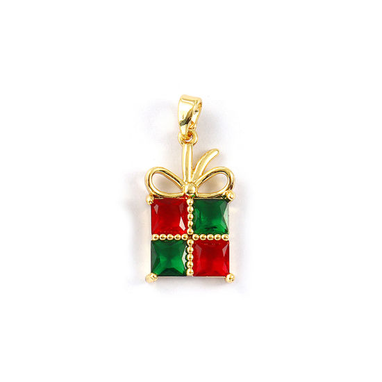 Immagine di 2 PCs Brass Christmas Charm Pendant 18K Gold Plated Gift Box Green Rhinestone 26mm x 12.5mm