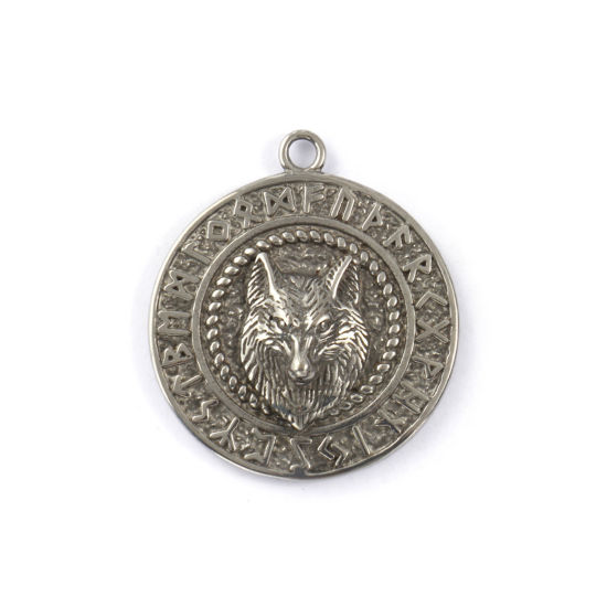 Immagine di 1 Pz Ecologico 304 Acciaio Inossidabile Stile Bohemien Ciondoli Pendenti Argento Antico Tondo Disco Lupo Doppia Faccia 4.7cm x 4.1cm